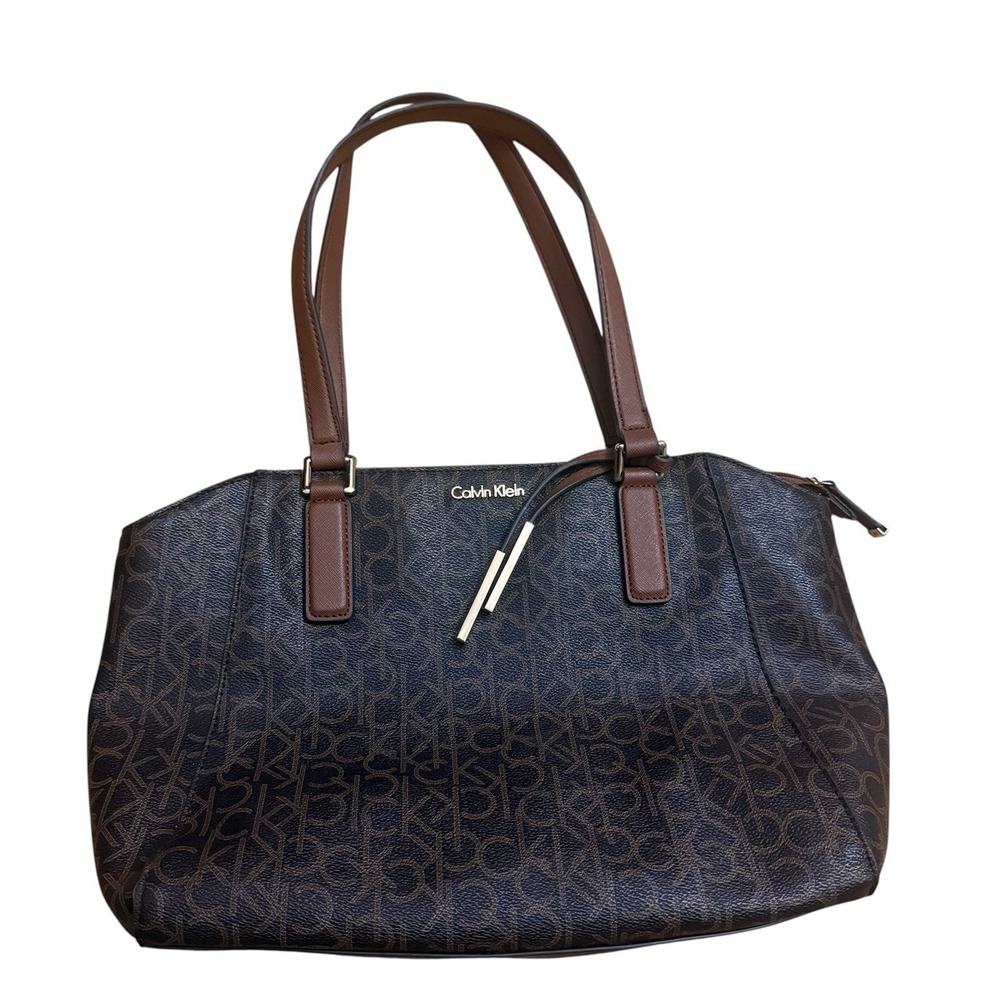 Calvin Klein Women's Brown Logo Monogram Print Handbag Zipper Purse With Wallet